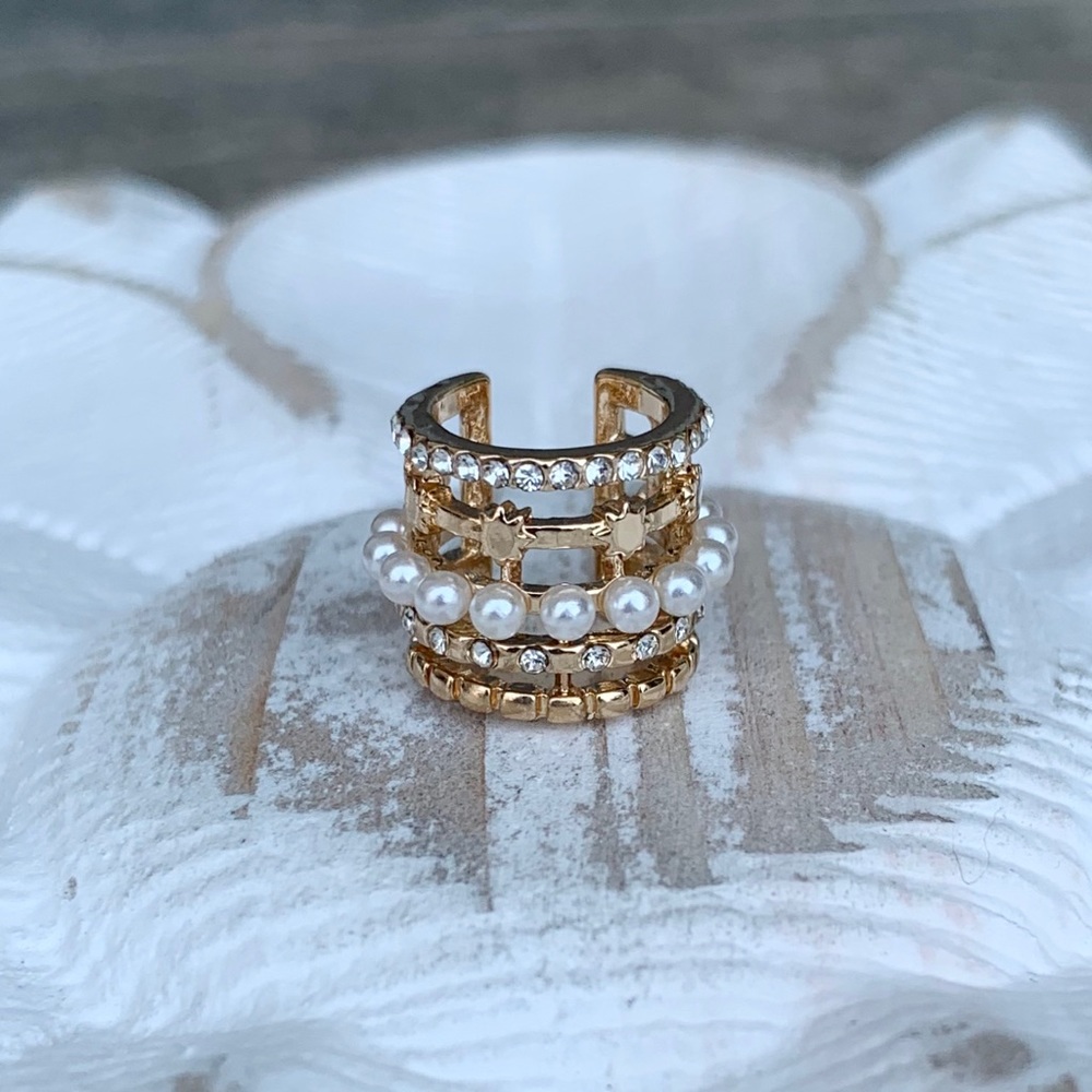 "Lynn" NEW Ear Cuff Wrap Clip Stack (Single) Gold Crystal Faux Pearl